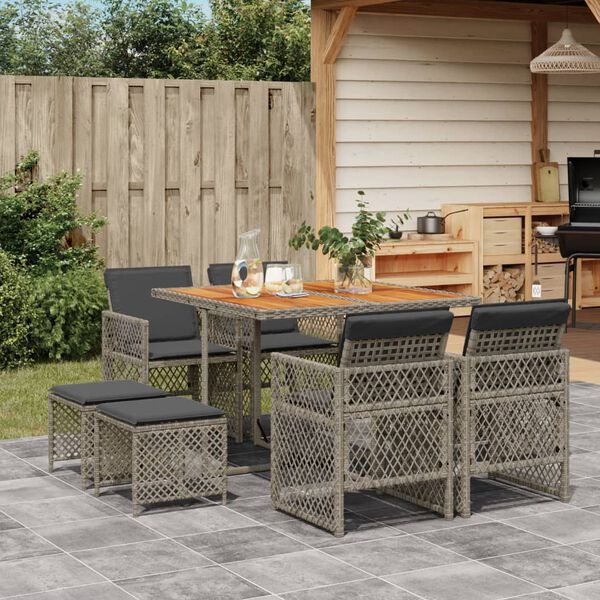 vidaXL 9-tlg. Garten-Essgruppe mit Kissen Grau Poly Rattan