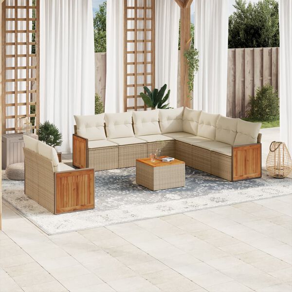 vidaXL 10-tlg. Garten-Sofagarnitur mit Kissen Beige Poly Rattan