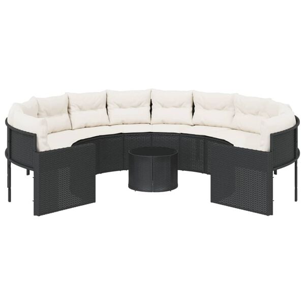 vidaXL Gartensofa mit Tisch und Kissen Rund Schwarz Poly-Rattan