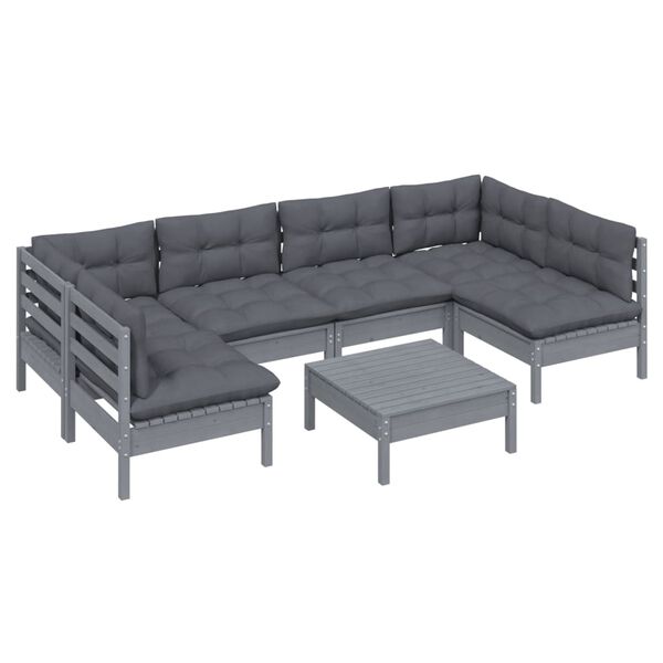 vidaXL 7-tlg. Garten-Lounge-Set mit Kissen Grau Kiefer Massivholz