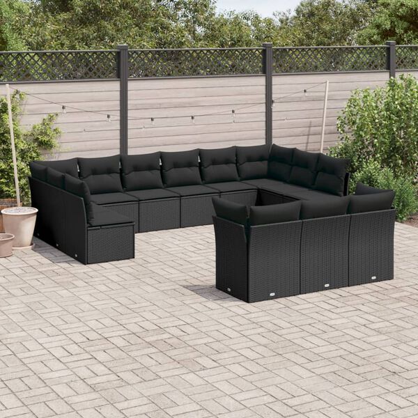 vidaXL 13-tlg. Garten-Sofagarnitur mit Kissen Schwarz Poly Rattan