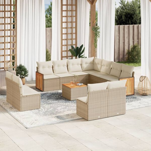 vidaXL 12-tlg. Garten-Sofagarnitur mit Kissen Beige Poly Rattan