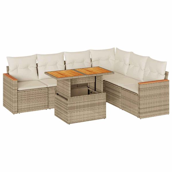 vidaXL 7-tlg. Garten-Sofagarnitur mit Kissen Beige Poly Rattan Akazie