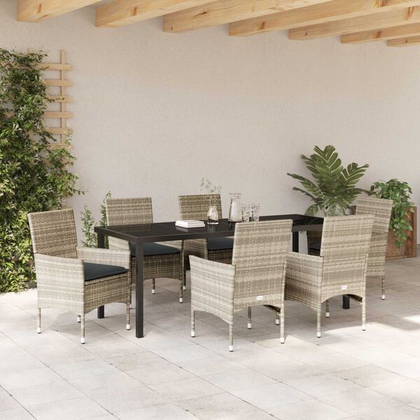 vidaXL Garten Essgruppe mit Kissen 7 pcs Hellgrau Poly-Rattan