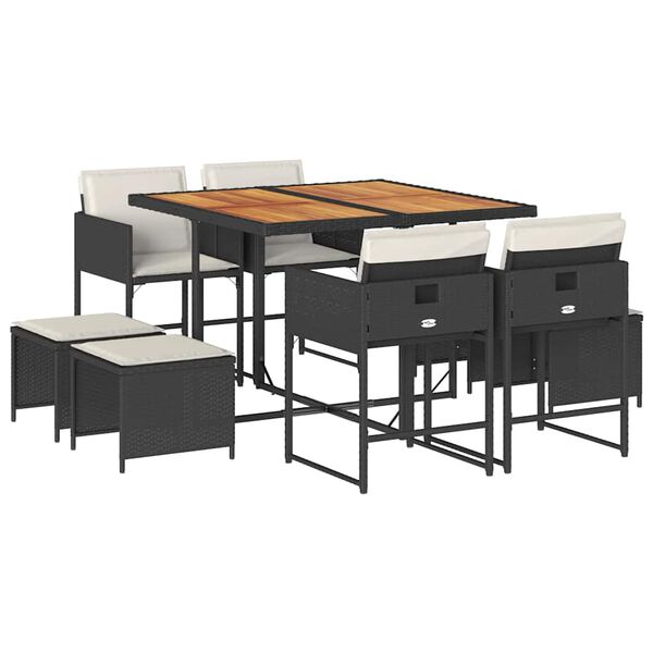 vidaXL 9-tlg. Garten-Essgruppe mit Kissen Schwarz Poly Rattan
