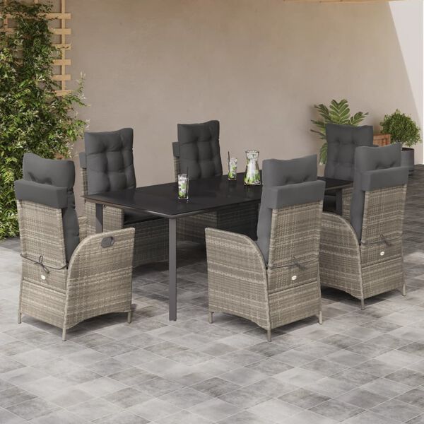 vidaXL 7-tlg. Garten-Essgruppe mit Kissen Hellgrau Poly Rattan