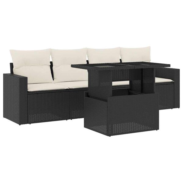 vidaXL 5-tlg. Garten-Sofagarnitur mit Kissen Schwarz Poly Rattan