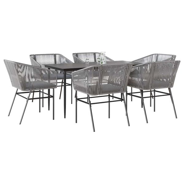 vidaXL 7-tlg. Garten-Essgruppe mit Kissen Grau Poly Rattan Glas