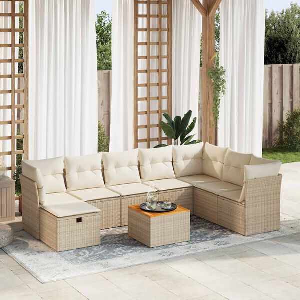 vidaXL 9-tlg. Garten-Sofagarnitur mit Kissen Beige Poly Rattan