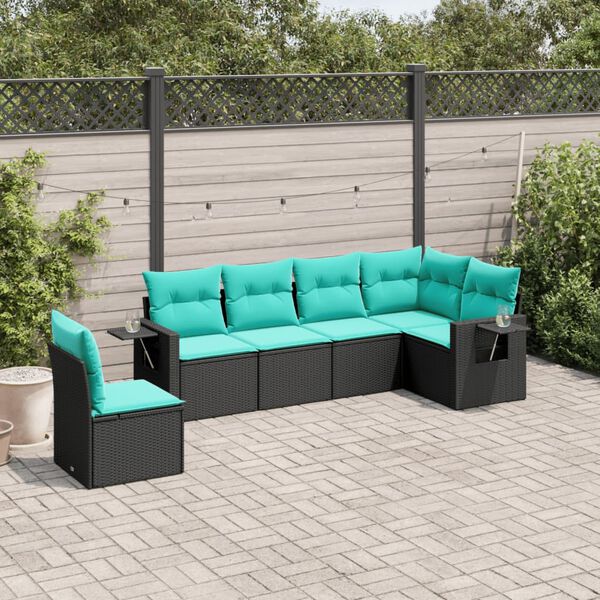 vidaXL 6-teiliges Gartensofa-Set mit Kissen, schwarzes Polyrattan
