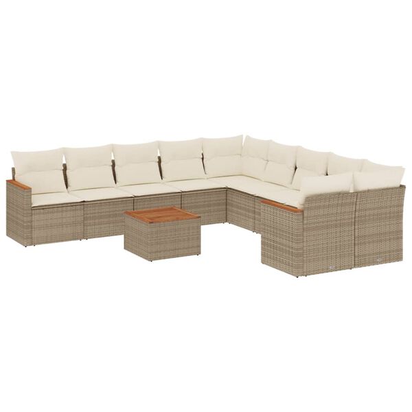 vidaXL 11-tlg. Garten-Sofagarnitur mit Kissen Beige Poly Rattan
