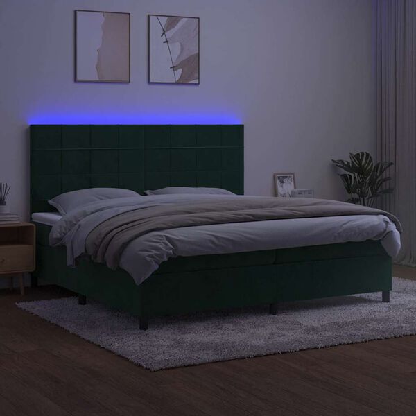 vidaXL Boxspringbett mit Matratze & LED Dunkelgr&uuml;n 200x200 cm Samt