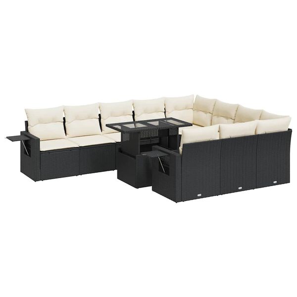 vidaXL 11-tlg. Garten-Sofagarnitur mit Kissen Schwarz Poly Rattan