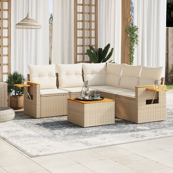 vidaXL 6-tlg. Garten-Sofagarnitur mit Kissen Beige Poly Rattan