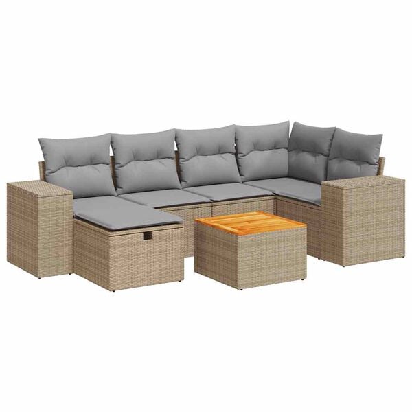 vidaXL 7-tlg. Garten-Sofagarnitur mit Kissen Beige Poly Rattan