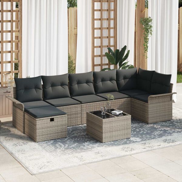 vidaXL Garten-Sofa-Set mit Kissen mit Speicher 8 pcs Grau Poly Rattan