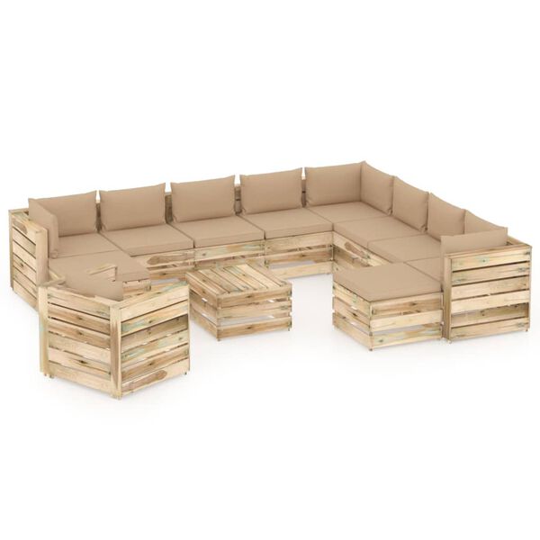 vidaXL 12-tlg. Garten-Lounge-Set mit Kissen Gr&uuml;n Impr&auml;gniertes Holz