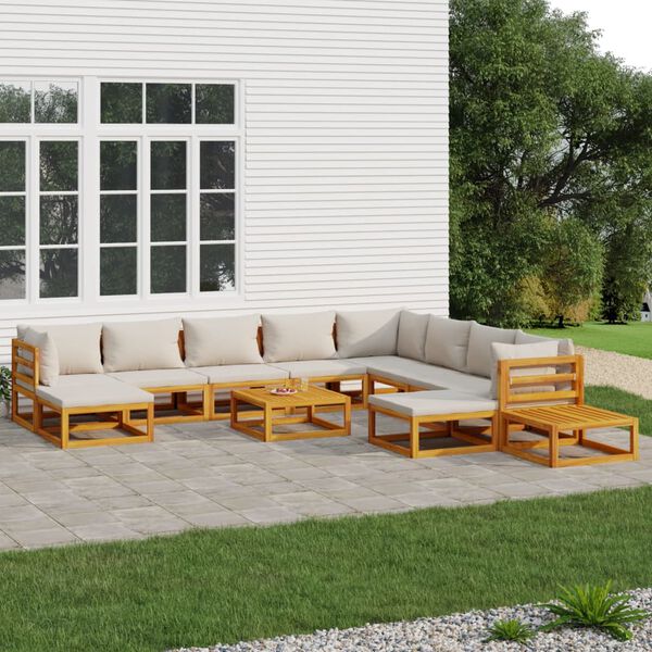 vidaXL 12-tlg. Garten-Lounge-Set mit Hellgrauen Kissen Massivholz