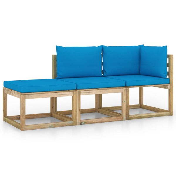 vidaXL 3-tlg. Garten-Lounge-Set mit Hellblauen Kissen