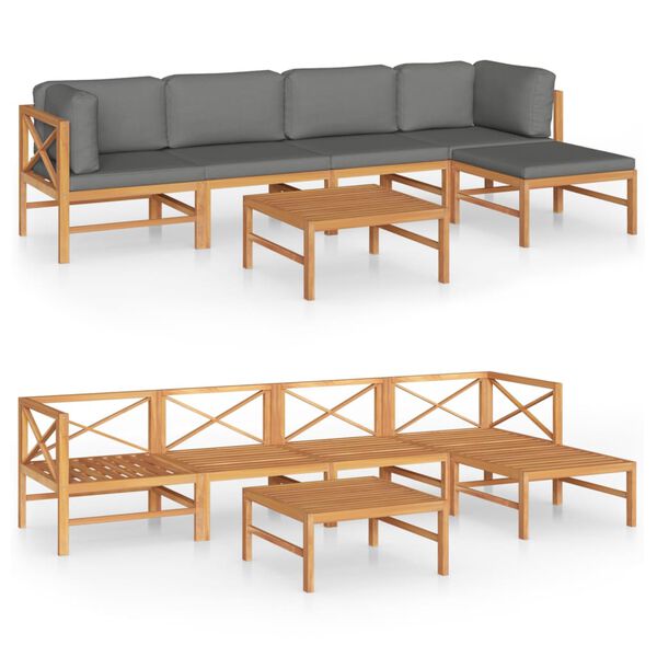 vidaXL 6-tlg. Garten-Lounge-Set mit Grauen Kissen Massivholz Teak