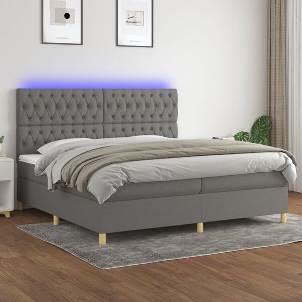 vidaXL Boxspringbett mit Matratze & LED Dunkelgrau 200x200 cm Stoff