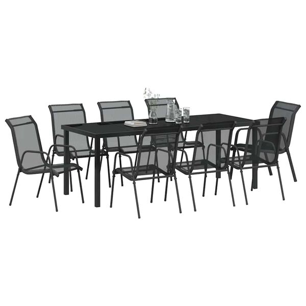 vidaXL Garten Essgruppe 9 pcs Schwarz Pulverbeschichteter Stahl