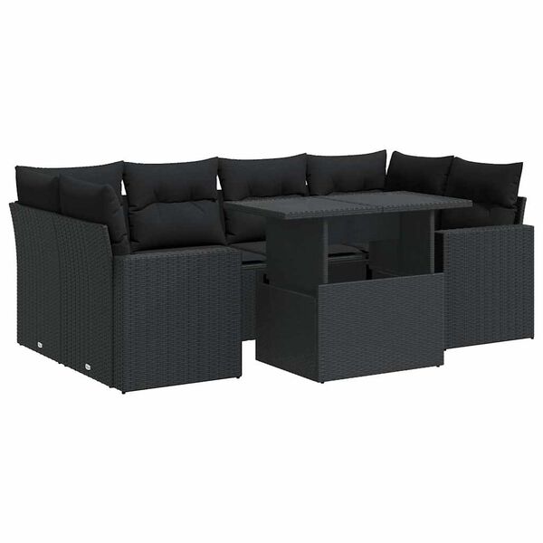 vidaXL 7-tlg. Garten-Sofagarnitur mit Kissen Schwarz Poly Rattan