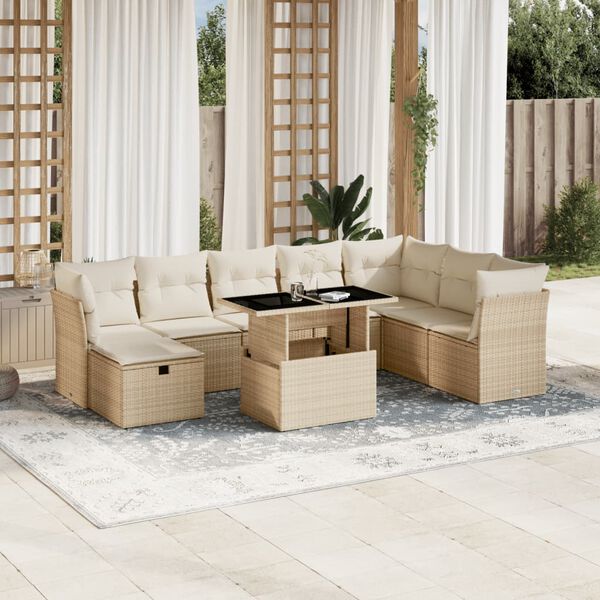vidaXL 9-tlg. Garten-Sofagarnitur mit Kissen Beige Poly Rattan