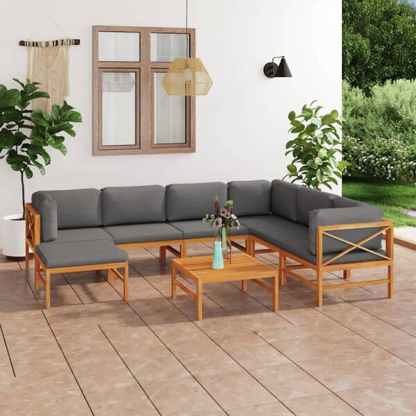 vidaXL 8-tlg. Garten-Lounge-Set mit Grauen Kissen Massivholz Teak