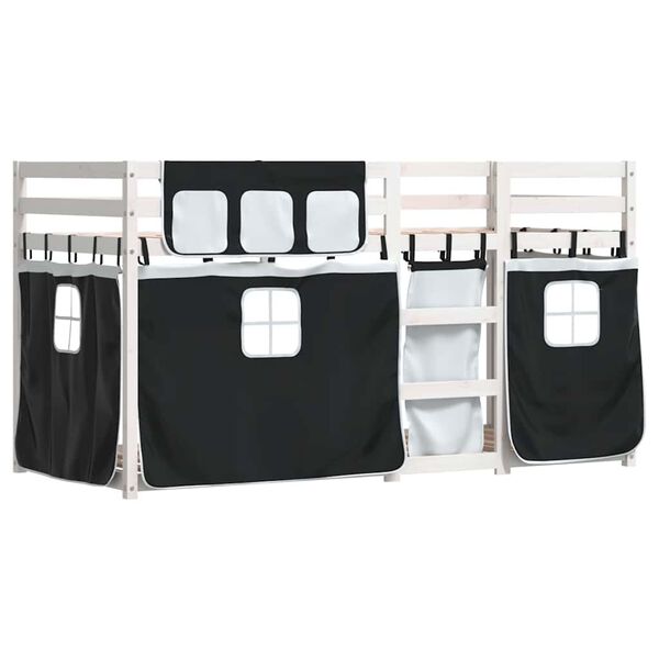 vidaXL Etagenbett mit Vorhängen Weiß Schwarz 90x200 cm Kiefernholz