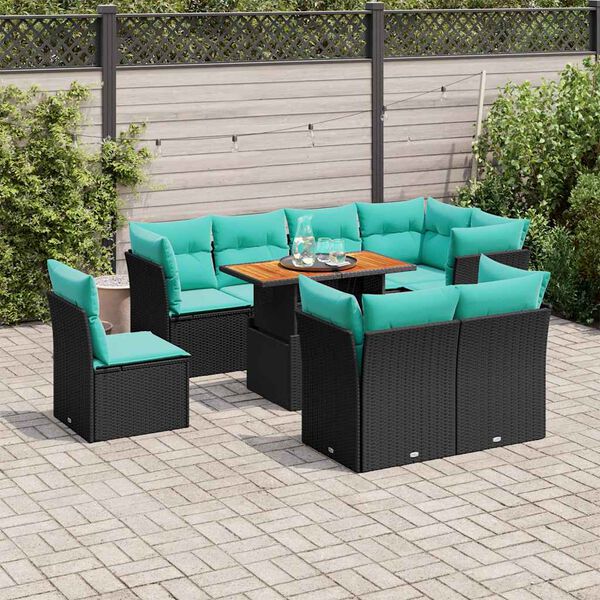 vidaXL 9-tlg. Garten-Sofagarnitur mit Kissen Schwarz Poly Rattan