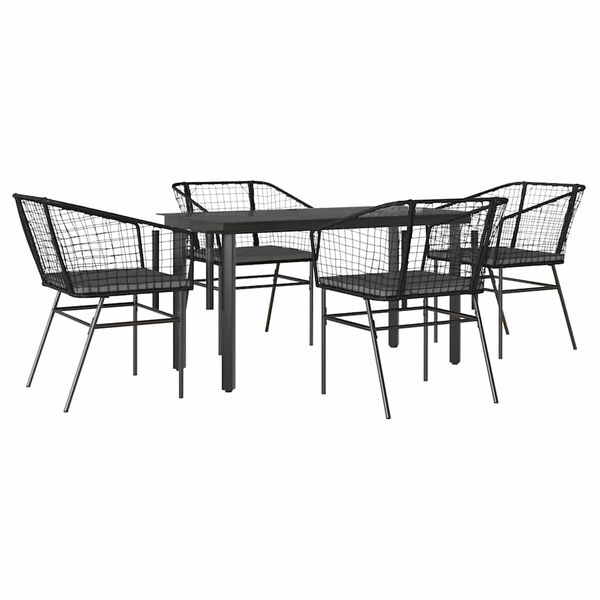 vidaXL 5-tlg. Garten-Essgruppe mit Kissen Schwarz Poly Rattan Glas