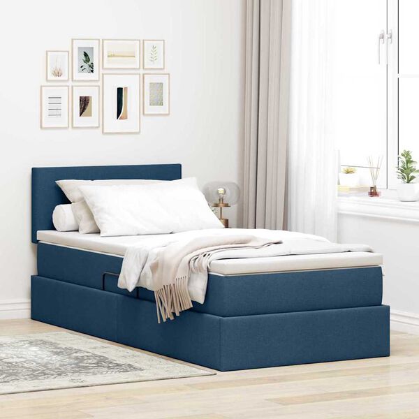 vidaXL Bett mit Stauraum und LED mit Matratze Blau 90 x 190 cm Stoff