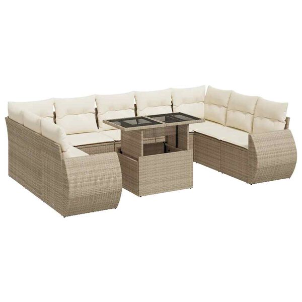 vidaXL 10-tlg. Garten-Sofagarnitur mit Kissen Beige Poly Rattan