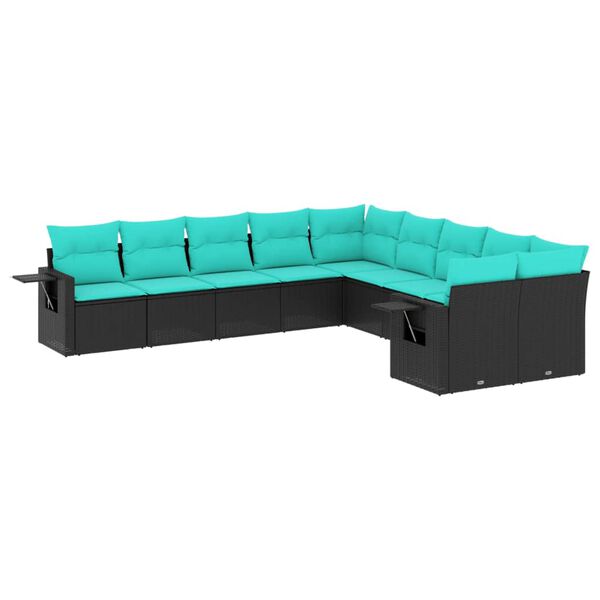 vidaXL 10-teiliges Gartensofa-Set mit Kissen, schwarzes Polyrattan