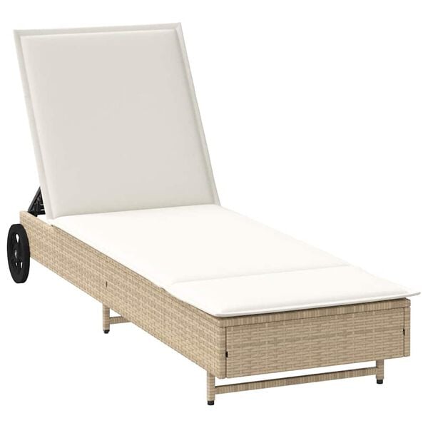 vidaXL Sonnenliege mit Rollen und Auflage Beige Poly Rattan