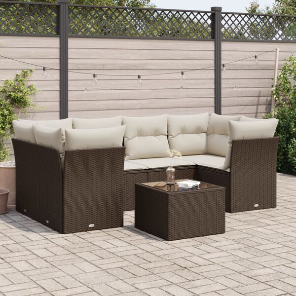vidaXL 7-tlg. Garten-Sofagarnitur mit Kissen Braun Poly Rattan