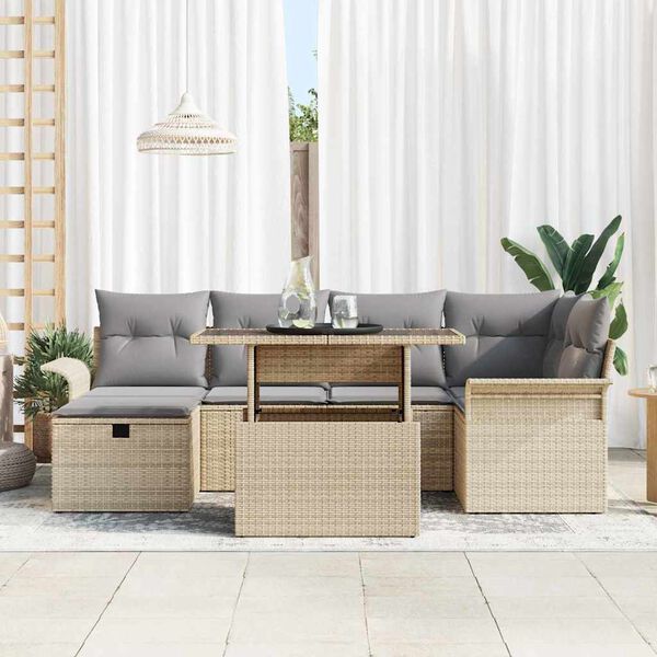 vidaXL Garten-Sofa-Set mit Kissen mit Speicher 7 pcs Beige Poly Rattan