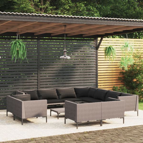 vidaXL 12-tlg. Garten-Lounge-Set mit Kissen Poly Rattan Dunkelgrau