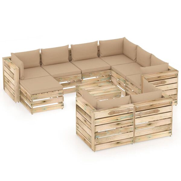 vidaXL 10-tlg. Garten-Lounge-Set mit Kissen Gr&uuml;n Impr&auml;gniertes Holz