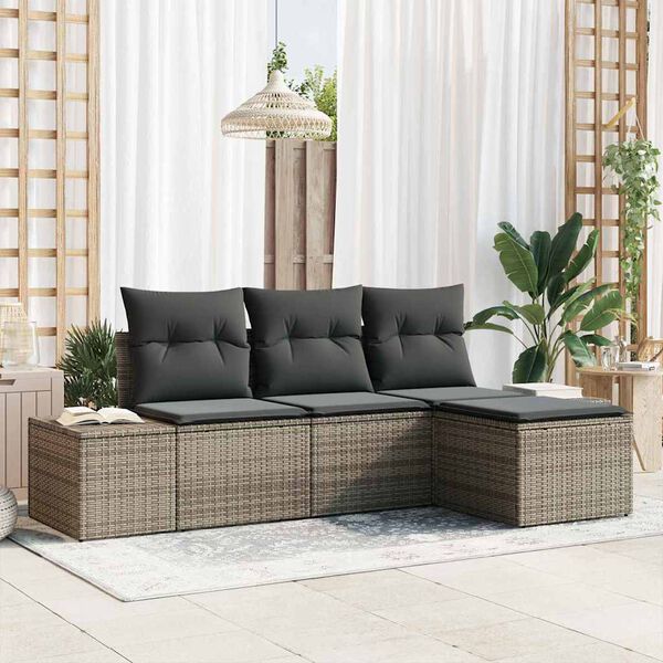 vidaXL Garten-Sofa-Set mit Kissen mit Speicher 4 pcs Grau Poly-Rattan