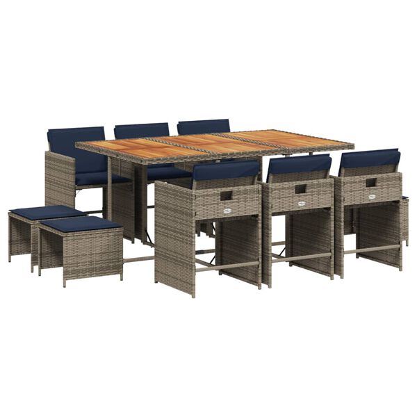 vidaXL 11-teiliges Garten-Ess-Set mit Kissen, grau, Polyrattan