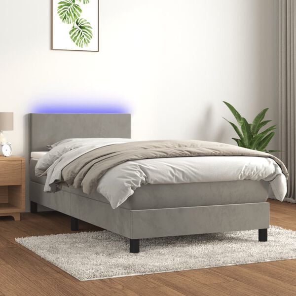vidaXL Boxspringbett mit Matratze & LED Hellgrau 100x200 cm Samt