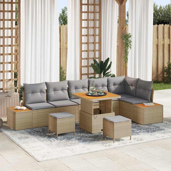 vidaXL Gartensofa-set mit Kissen mit Speicher 9 pcs Beige Poly Rattan