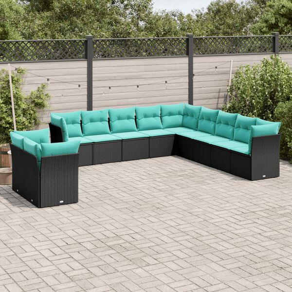 vidaXL 11-teiliges Gartensofa-Set mit Kissen, schwarzes Polyrattan