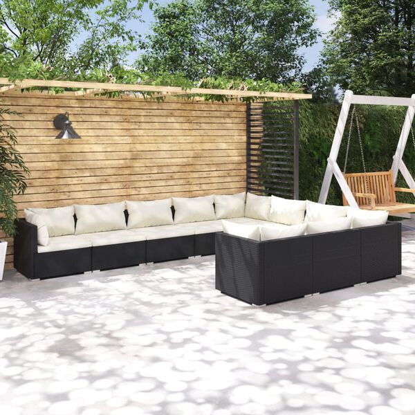 vidaXL 10-tlg. Garten-Lounge-Set mit Kissen Poly Rattan Schwarz