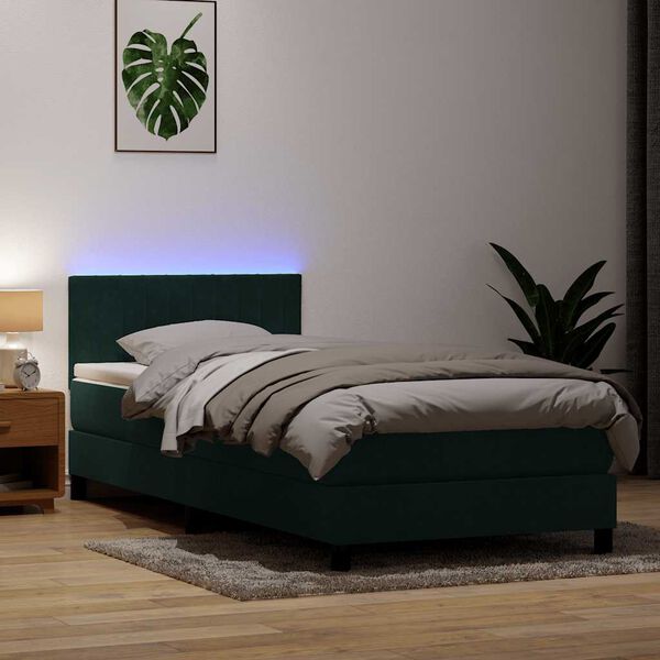 vidaXL Boxspringbett mit Matratze & LED Dunkelgr&uuml;n 90x210 cm Samt