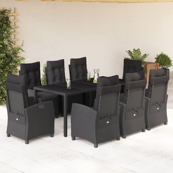 vidaXL 9-tlg. Garten-Essgruppe mit Kissen Schwarz Poly Rattan
