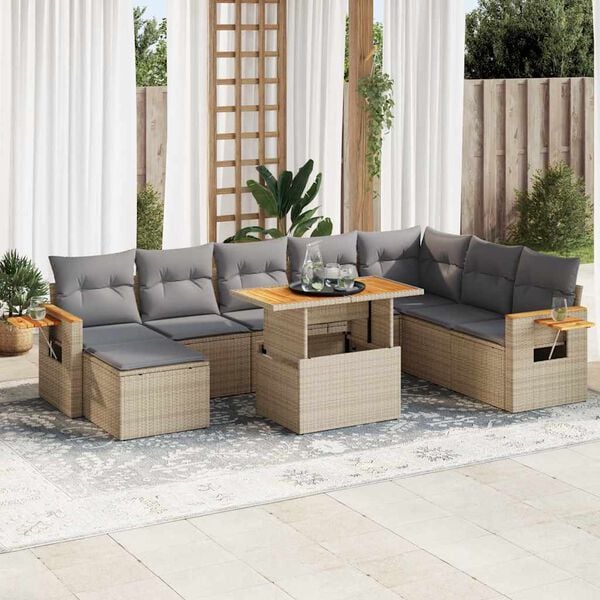 vidaXL 9-tlg. Garten-Sofagarnitur mit Kissen Beige Poly Rattan Akazie