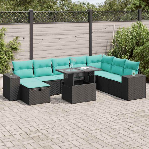 vidaXL 9-tlg. Garten-Sofagarnitur mit Kissen Grau Poly Rattan Akazie